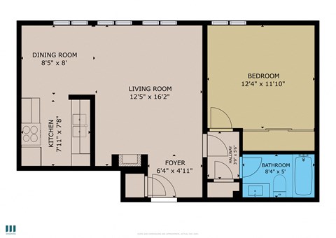 Floor plan for 1 bed, 1 bath, 600 sqft